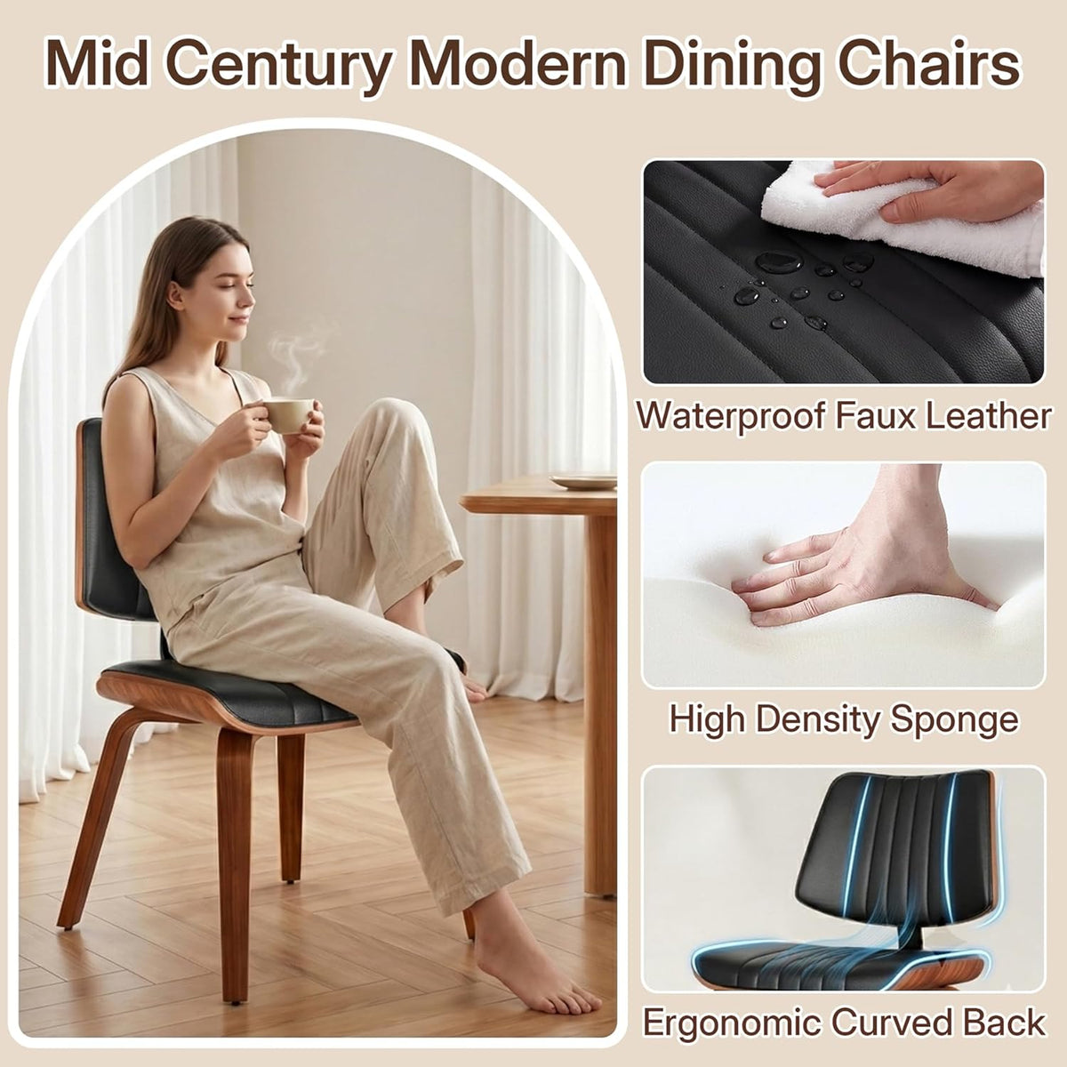 Mid Century Modern Dining Chairs Set of 4, Farmhouse Faux Leather Upholstered Curved Backrest Kitchen Chairs with Walnut Bentwood Frame for Kitchen, Makeup, Desk, Black