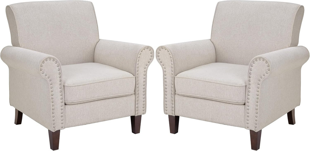 PrimeZone Comfy Accent Chairs Set of 2, Mid-Century Modern Arm Chair, Beige | Soft Cushion, Rolled Armrest, Elegant Nailhead Trim, Sturdy Wood Frame, Ideal for Living Room, Bedroom & Waiting Areas
