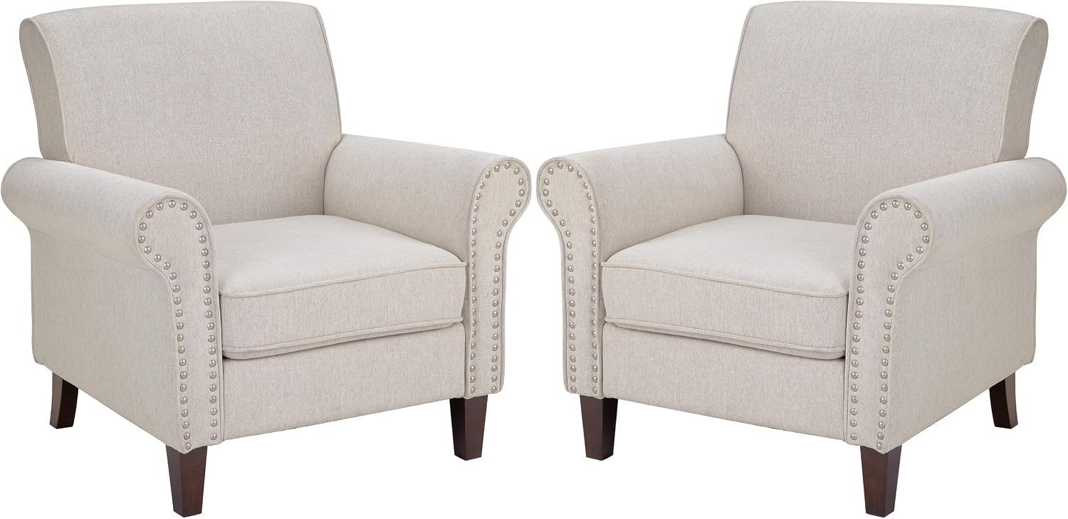 PrimeZone Comfy Accent Chairs Set of 2, Mid-Century Modern Arm Chair, Beige | Soft Cushion, Rolled Armrest, Elegant Nailhead Trim, Sturdy Wood Frame, Ideal for Living Room, Bedroom & Waiting Areas
