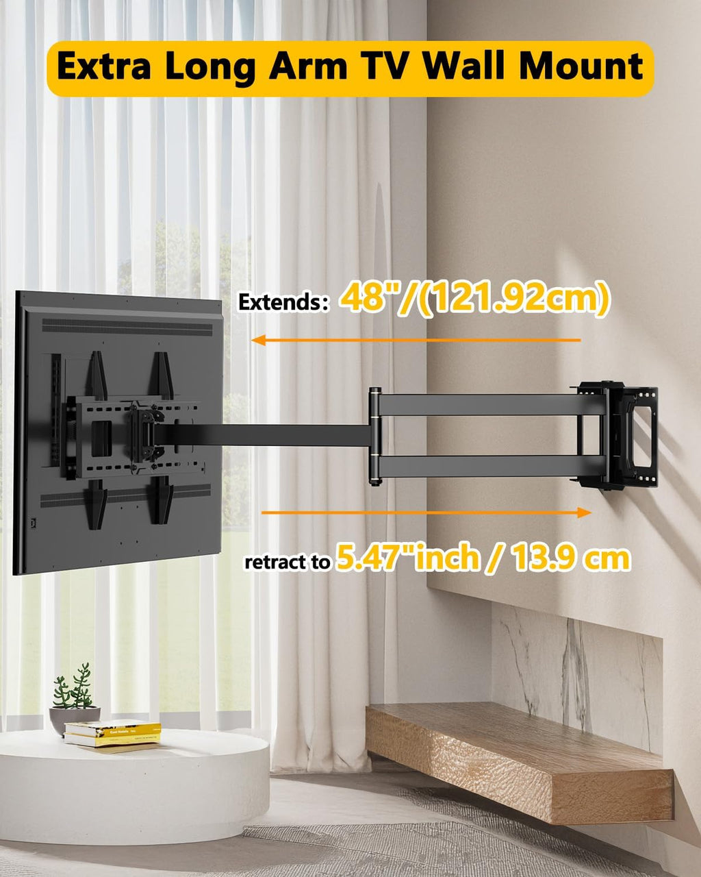 48'' Extension Extra Long Arm TV Wall Mount, Heavy Duty Full Motion TV Wall Mount for 37 to70,75,77,80,85'' Screens, Max VESA 600x400mm, Hold 110 lbs, 16''-24'' Wood Studs/Concrete/Brick Wall, WHYFONE