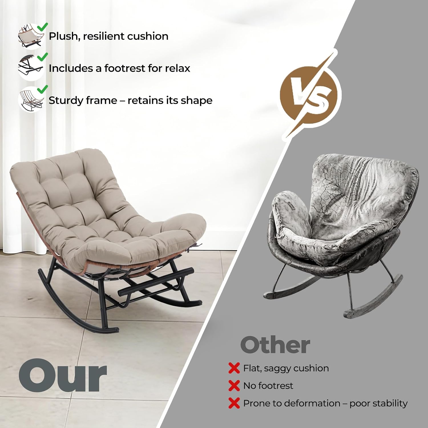 COMHOMA Outdoor Rocking Papasan Chair, Oversized Wicker Patio Rocker, Indoor Comfy Wicker Reading Lounge, Bed-Like Comfort Egg Chair for Bedroom,Balcony, Porch, Garden, Brown