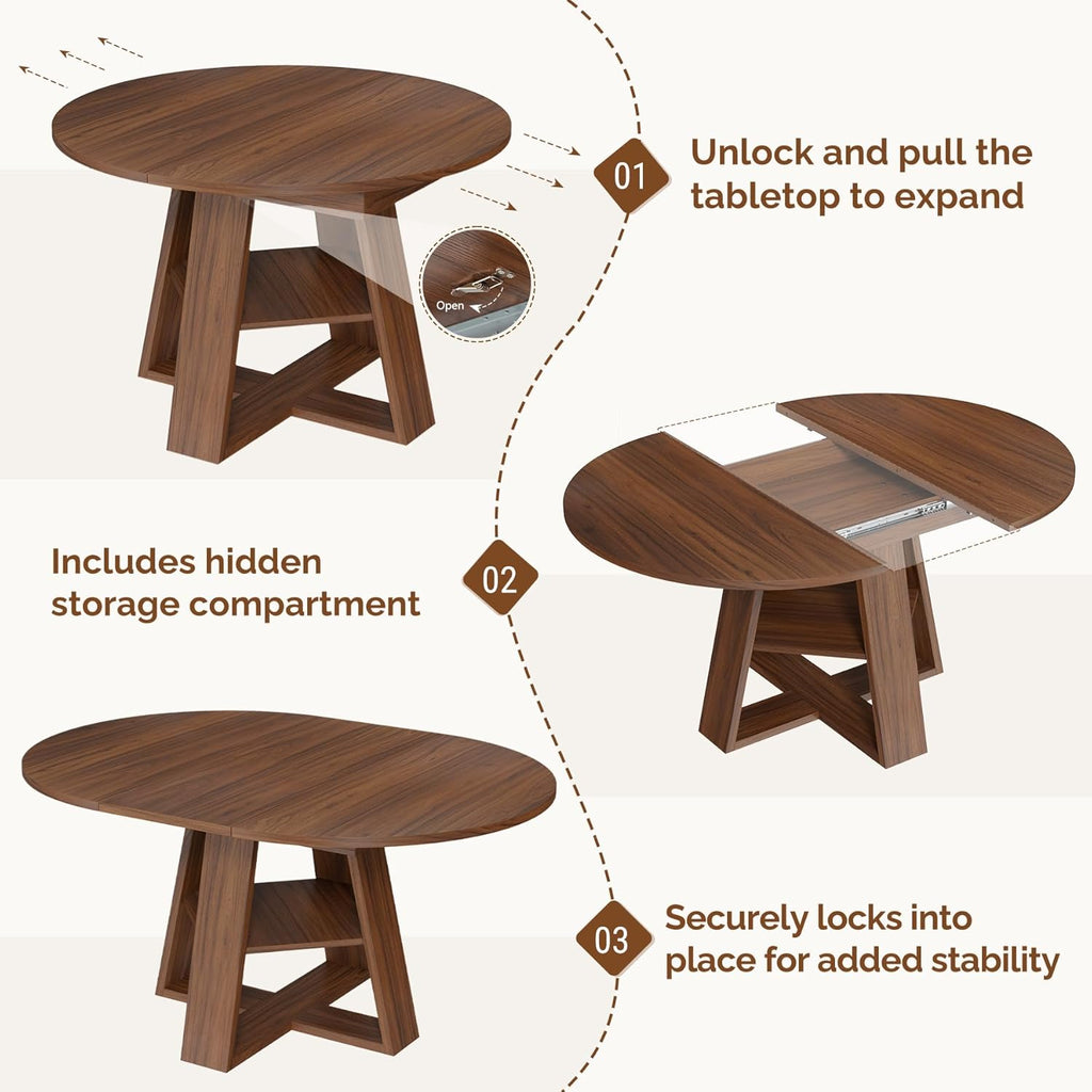 Extendable Round Dining Table Set for 4-6, 5-Piece Oval Kitchen Table with Hidden Storage, Wooden Dining Table Set with Upholstered Chairs for Small Spaces, Apartment