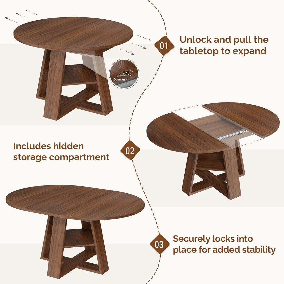 Extendable Round Dining Table Set for 4-6, 5-Piece Oval Kitchen Table with Hidden Storage, Wooden Dining Table Set with Upholstered Chairs for Small Spaces, Apartment