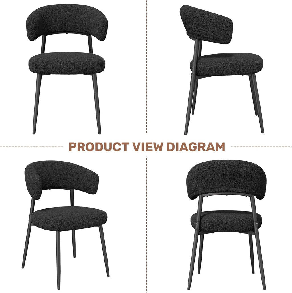 Dining Chairs Set of 4, Mid Century Modern Kitchen Chairs, Boucle Upholstered Dining Chair with Curved Backrest & Metal Legs for Kitchen Dining Room, Black