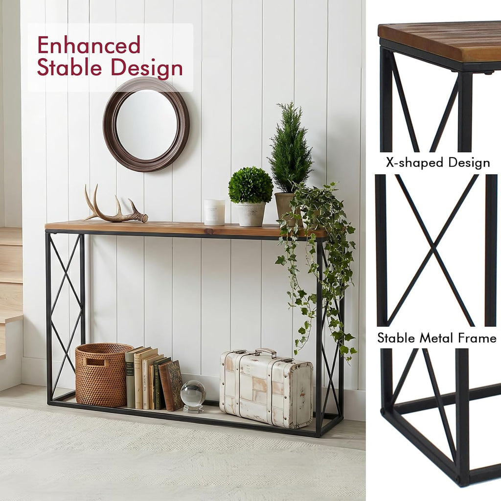 DDK 40" Narrow Console Table, Thin Sofa Side Entryway Table with X-Shaped Metal Frame, Rustic Wood Entry Way Display Table for Hallway, Living Room, Small Spaces