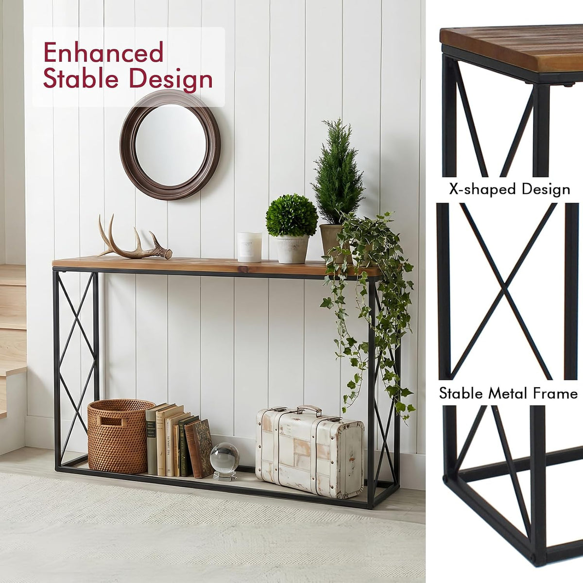 DDK 40" Narrow Console Table, Thin Sofa Side Entryway Table with X-Shaped Metal Frame, Rustic Wood Entry Way Display Table for Hallway, Living Room, Small Spaces