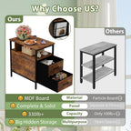 End Table with Charging Station, Narrow Side Table with 2 Fabric Drawers & Storage Shelf, USB Ports & Power Outlets, Nightstand for Bedroom, Living Room and Small Spaces, Rustic Brown