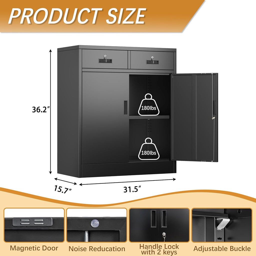 Locking Storage Cabinet, 36" H Metal Storage Cabinet, Metal Garage Storage Cabinet for Home, School, Office, Garage, Black