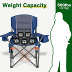 Oversized Padded High Back Camping Chairs,2 Pcs Heavy Duty Folding Chairs Support 500LBS with Cooler Bag,Cup Holder Cooler Bag, Collapsible Chairs for Outdoor, Tailgate, Fishing, Blue