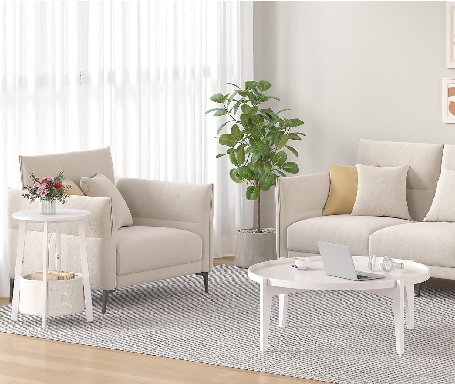 sthmec Small Round Side End Table with Cloth Storage Basket, Round Bedside Sofa Couch Coffee Tables for Small Places with Metal Frame, Modern Nighstands for Living Room Bedroom,White