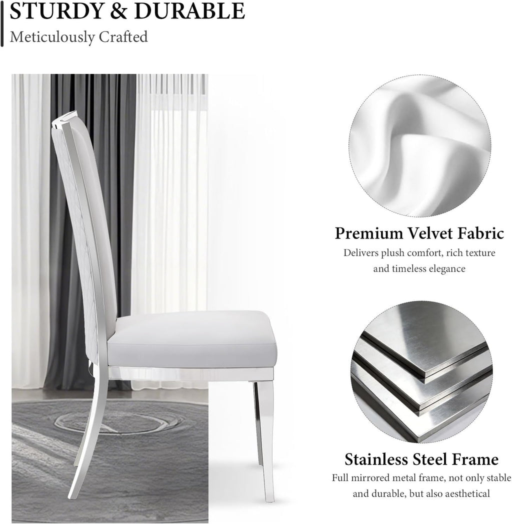 AUZ White and Silver Dining Chairs, Modern Velvet Upholstered Dining Room Chairs with High Back and Mirrored Metal Legs for Restaurant Kitchen, Set of 2