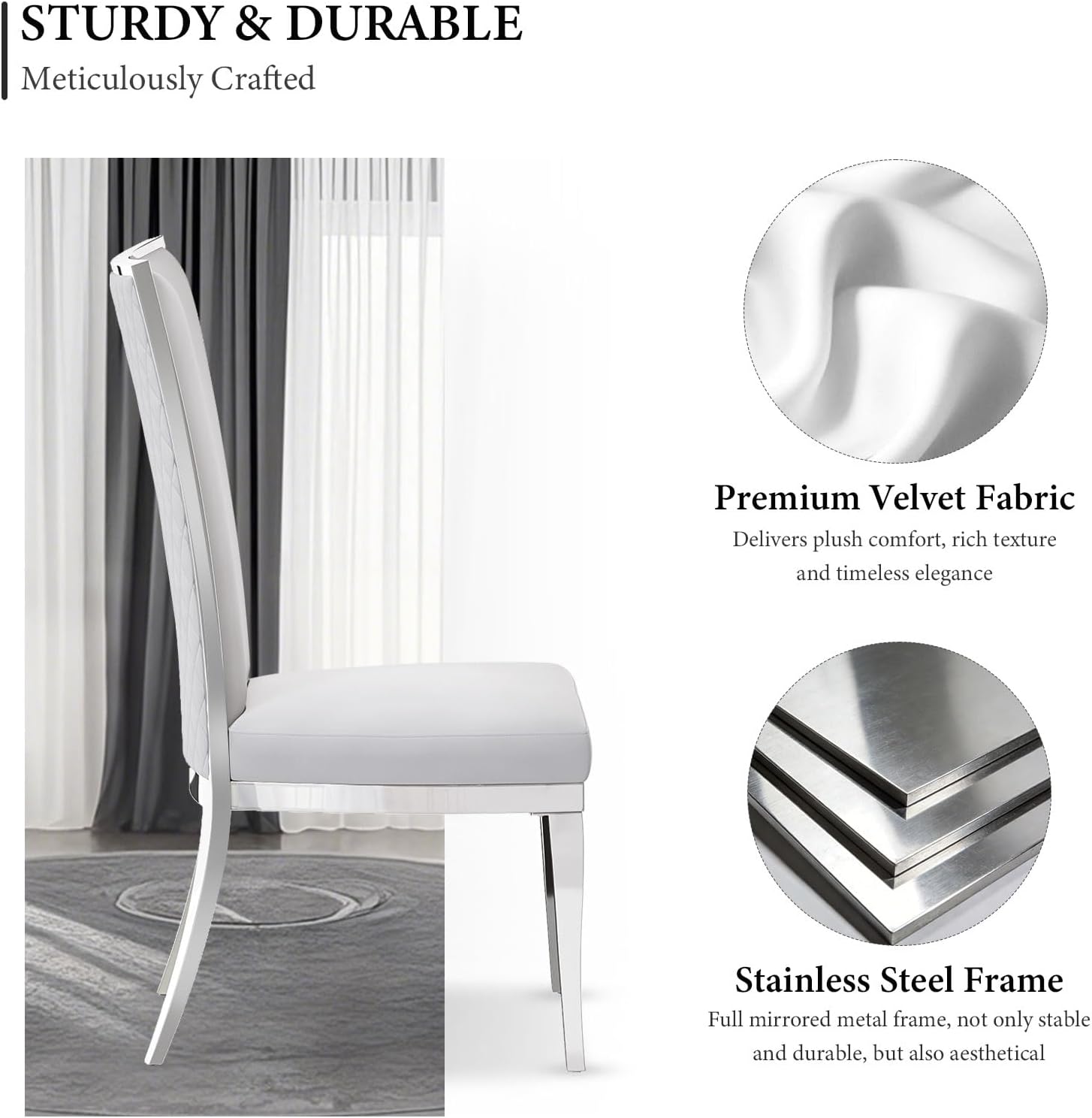 AUZ White and Silver Dining Chairs, Modern Velvet Upholstered Dining Room Chairs with High Back and Mirrored Metal Legs for Restaurant Kitchen, Set of 2