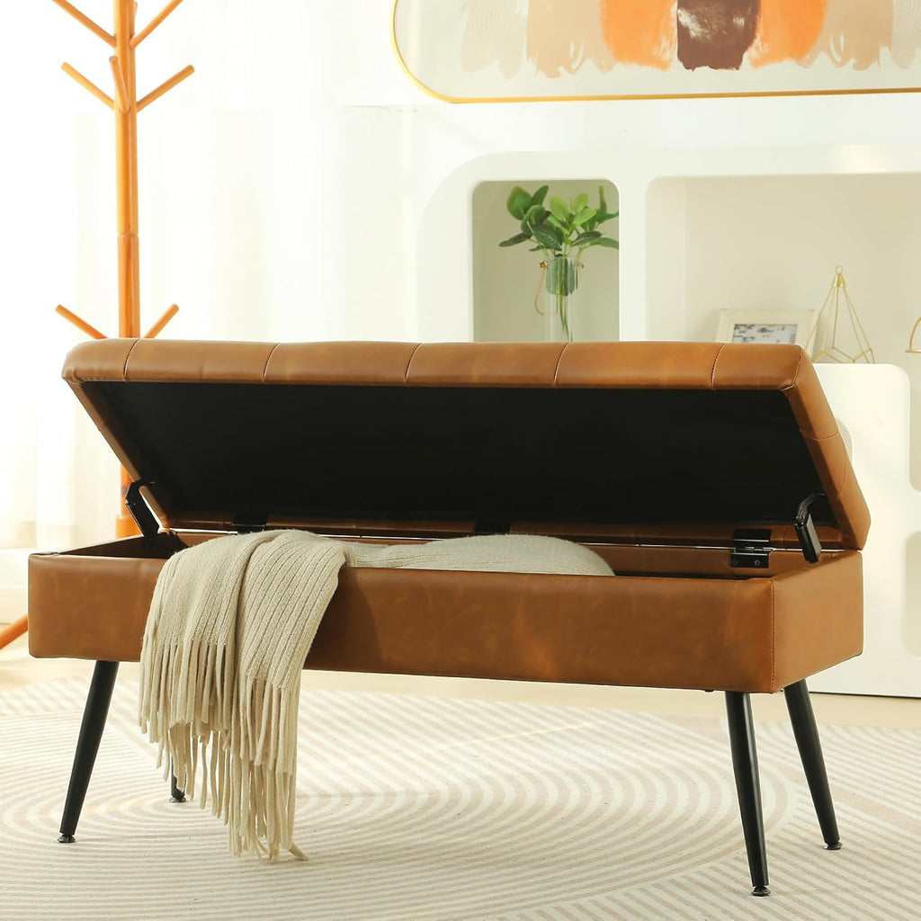 Storage Ottoman Long Upholstered Entryway Bench, 40" Cognac Brown | Large Flip-Top Entry Shoe Bench Dining Seat for Living Room Bedroom End of Bed Couch, Support 660lbs, Faux Leather