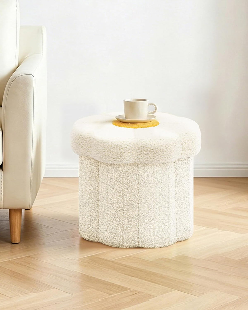 B FSOBEIIALEO Storage Ottoman Cube, 12.6" Ottoman with Storage, Cream White | Sunflower Shaped Footstool，Small Ottomans for Dorm , Faux Teddy Fur, Collapsible Folding Pouf Seat,Living Room, Entryway