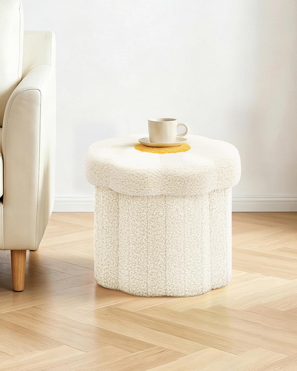 B FSOBEIIALEO Storage Ottoman Cube, 12.6" Ottoman with Storage, Cream White | Sunflower Shaped Footstool，Small Ottomans for Dorm , Faux Teddy Fur, Collapsible Folding Pouf Seat,Living Room, Entryway