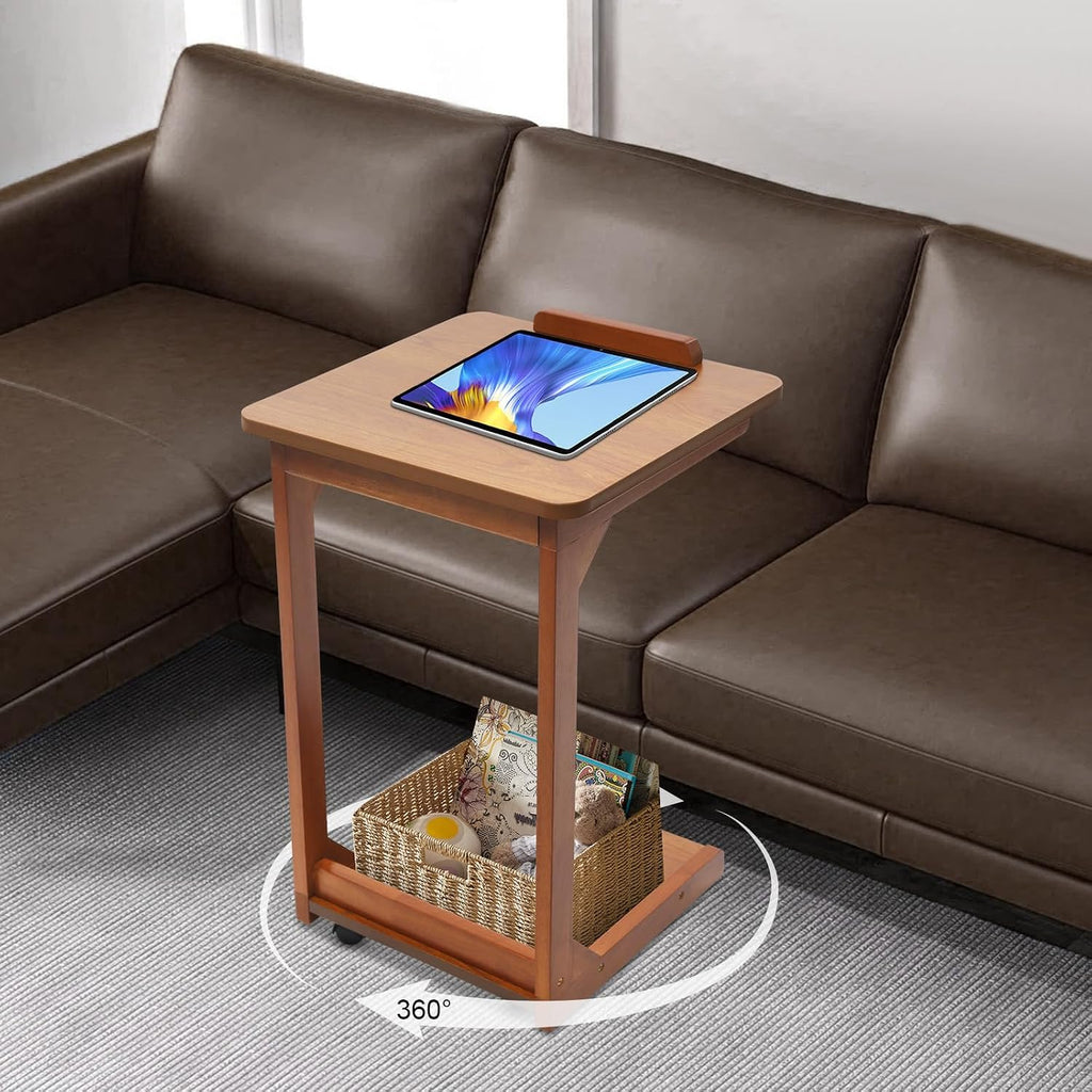 Mobile C-Shaped End Table,C Shaped Table for Couch with Concealed Storage Compartment,C Table with Lockable Wheels,55.12Lbs Load Adjustable Desktop Wooden Couch Table for Living Room,Bedroom (Walnut)