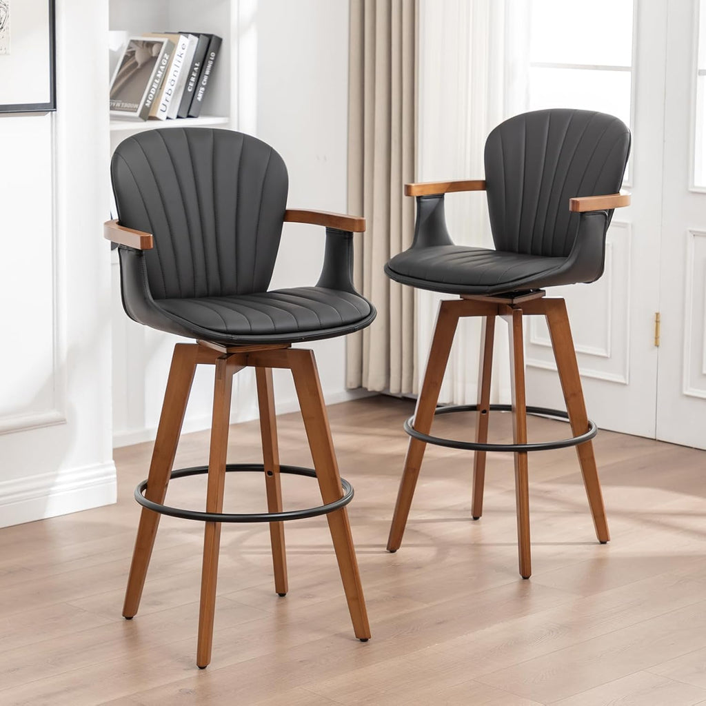 LUNLING 30” Bar Height Stools,Mid Century Modern Bar Stools,Black PU Leather Kitchen Island Stool,Wood High Barstools Swivel with Back and Arms for Home Bar Furniture,1PCS