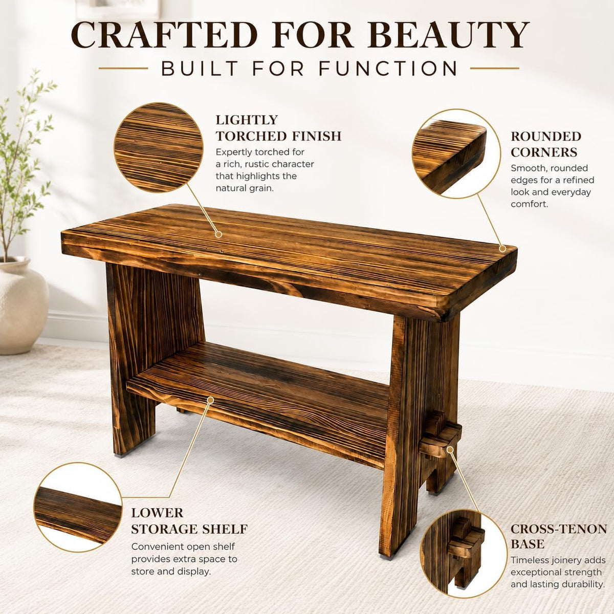31.5" Solid Wood Entryway Bench, Farmhouse Rustic Storage Bench for Small Spaces, Narrow Indoor Bench Seat for Hallway, Living Room, Dining Room & Mudroom, Mortise-and-Tenon Base, Rustic Brown