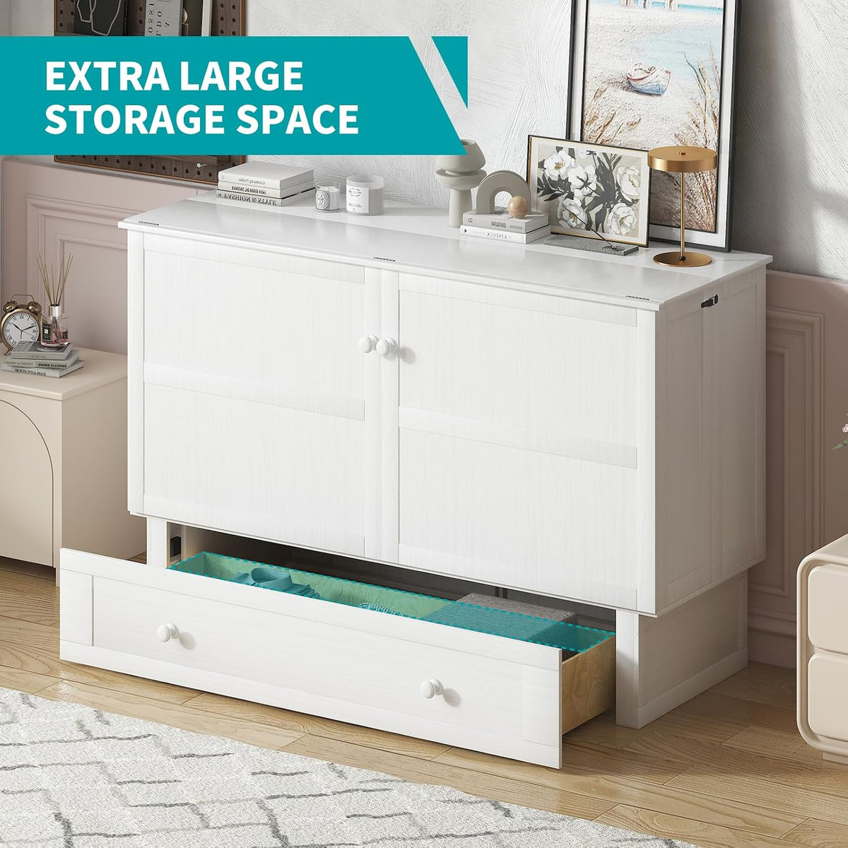 BALUS Murphy Cabinet Bed, Queen Chest Bed with USB Charging Station and Large Storage Drawers, Folding Cabinet Beds Space-Saving for Guest Room, Home, Office, White