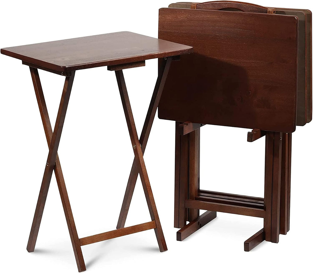 PJ Wood - 5-Piece Wooden Folding TV Tray Table Set - Honey Oak Snack Tables | Rubberwood Construction, 19.09 x 14.57 x 26 in, Folds To 3 in Thick, 40 lb Capacity, No Assembly Required