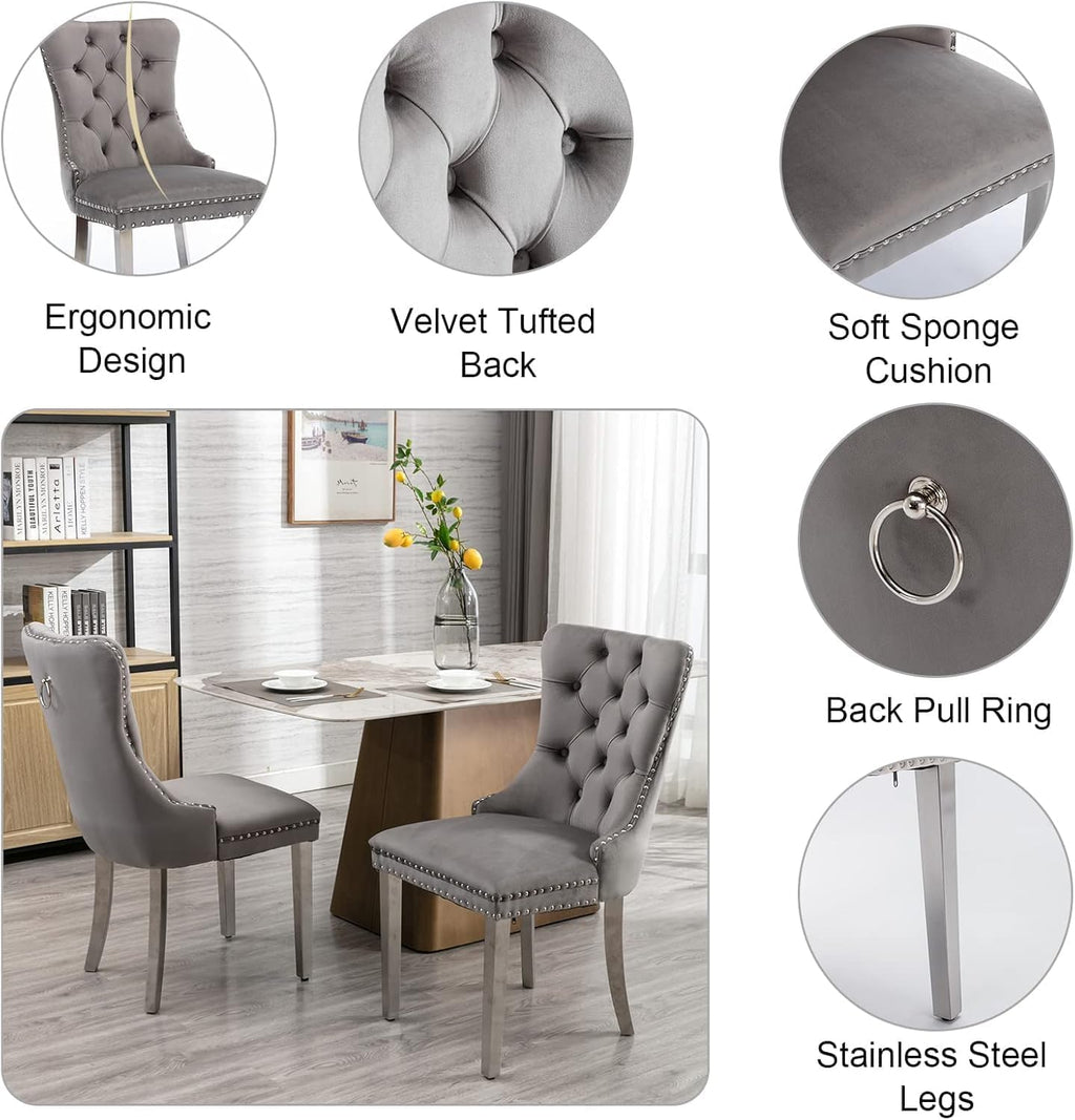 Extendable Dining Table Set of 6, White Rustic Kitchen Dining Table & 6 Gray Velvet Dining Chairs with Stainless Leg, 62.99"-78.74" Dining Room Table and Chairs Set, Modern 7 Piece Dining Set