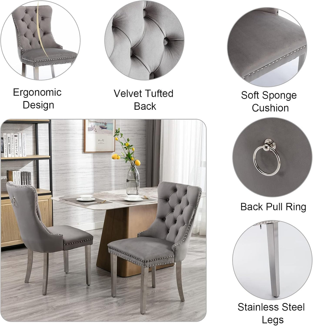 Rustic 7 Piece Dining Table Set, 62.99"-78.74" Extendable Dining Table & 6 Gray Velvet Dining Chairs with Stainless Leg, White Expandable Dining Room Table and Chairs Set