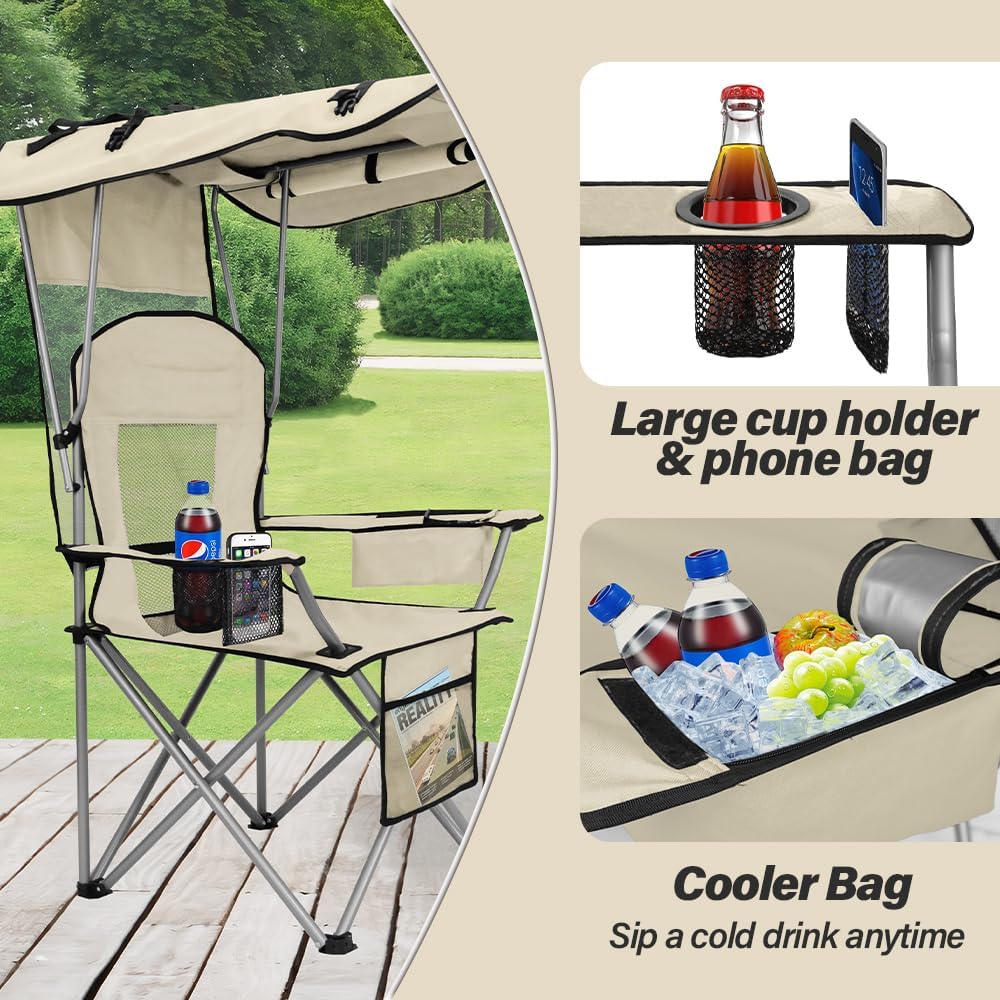 BESTHLS Camping Chair with Canopy Shade Portable Folding Beach Chairs with Cooler, Mesh Backrest, Cup Holder, and Pocket for Camping, Fishing, Beach, and Sports (White)