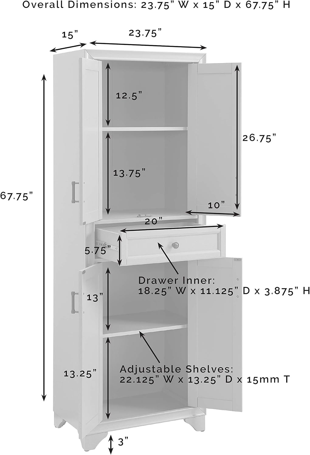 Crosley Furniture Tara Pantry Storage Cabinet with Shelves, Kitchen, Dining, or Laundry Room, Distressed White