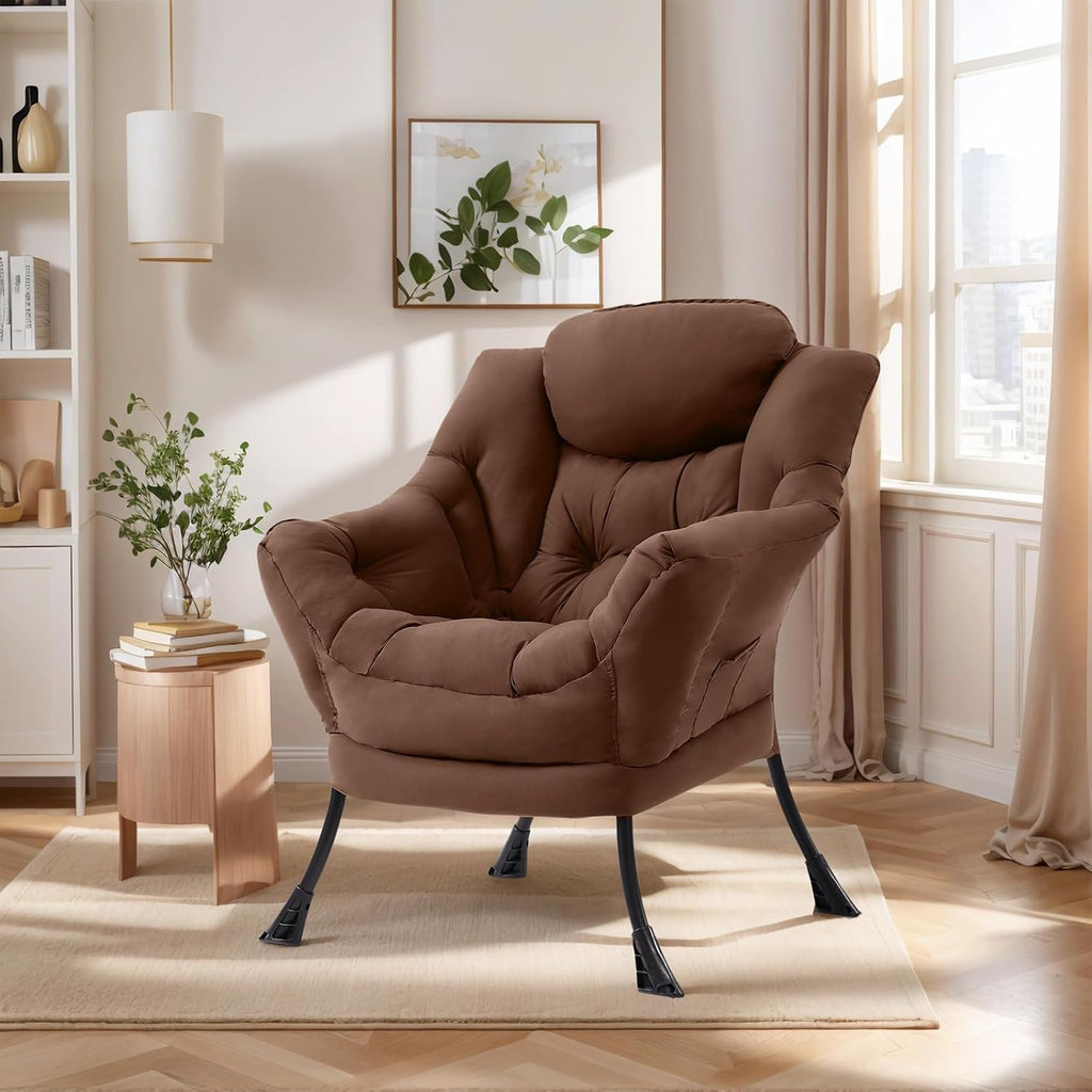 Furlide Lazy Chair for Living Room, Modern Accent Chairs with Armrests, Dark Brown Armchairs with Side Pocket, Cozy Lazy Sofa for Reading, Balcony, Bedroom, Dorm, Small Spaces