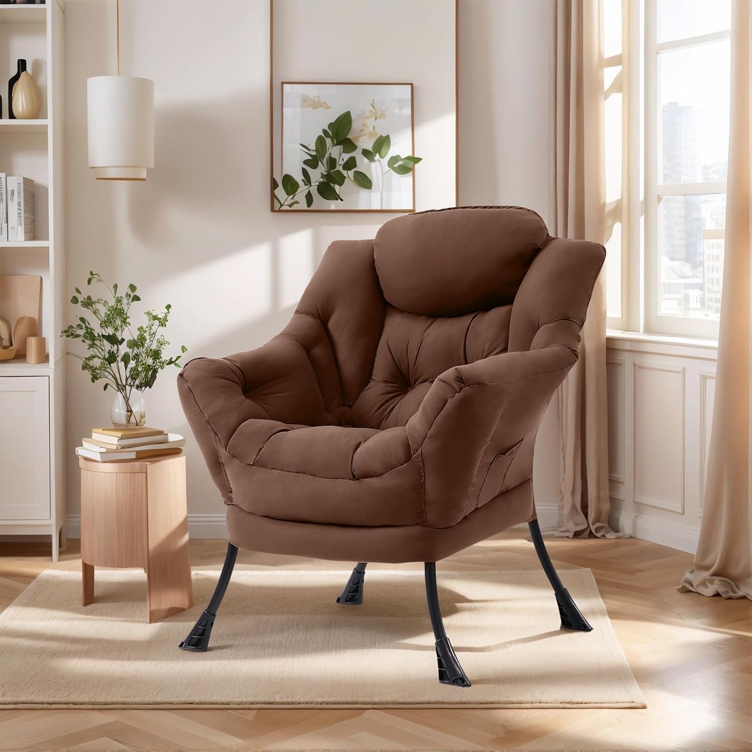 Furlide Lazy Chair for Living Room, Modern Accent Chairs with Armrests, Dark Brown Armchairs with Side Pocket, Cozy Lazy Sofa for Reading, Balcony, Bedroom, Dorm, Small Spaces