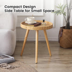 Round Side Table, Boho Circle End Table Coffee Table with Solid Wood Leg, Rattan Side Tables Living Room for Small Spaces, Bedroom, Corners