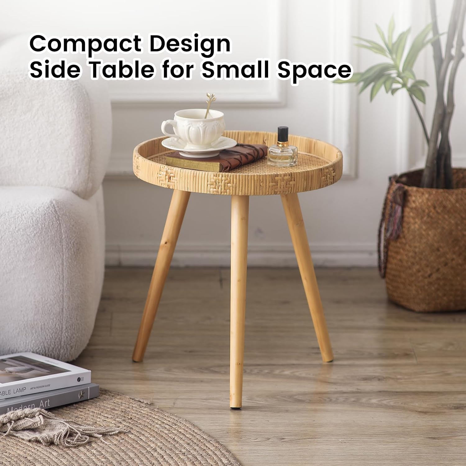 Round Side Table, Boho Circle End Table Coffee Table with Solid Wood Leg, Rattan Side Tables Living Room for Small Spaces, Bedroom, Corners