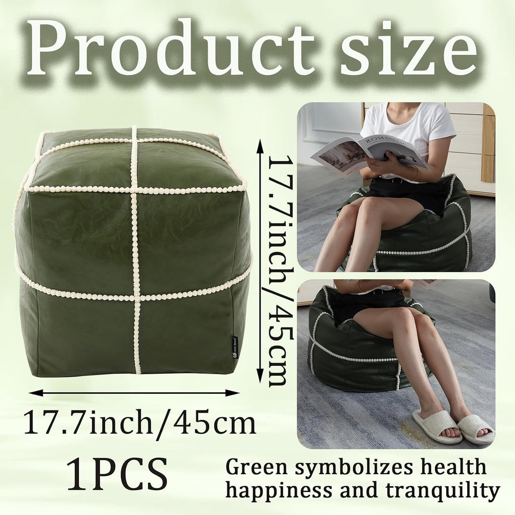 Louis Donné 18 Inch Square Unstuffed Pouf Ottoman Cover, Waterproof Faux Leather Moroccan Boho Footstool, Easy Clean Green Storage Foot Rest Decor for Living Room (Cover Only, No Filler)