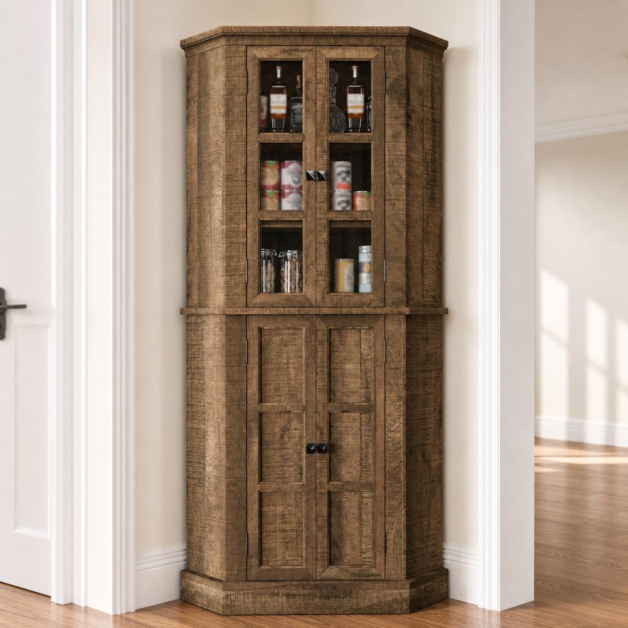 Betterhood Corner Cabinet, 67" Tall Kitchen Pantry Storage Cabinet with Glass Doors and Adjustable Shelves, Freestanding Food Pantry Farmhouse Furniture for Kitchen,Living Room, Rustic Brown