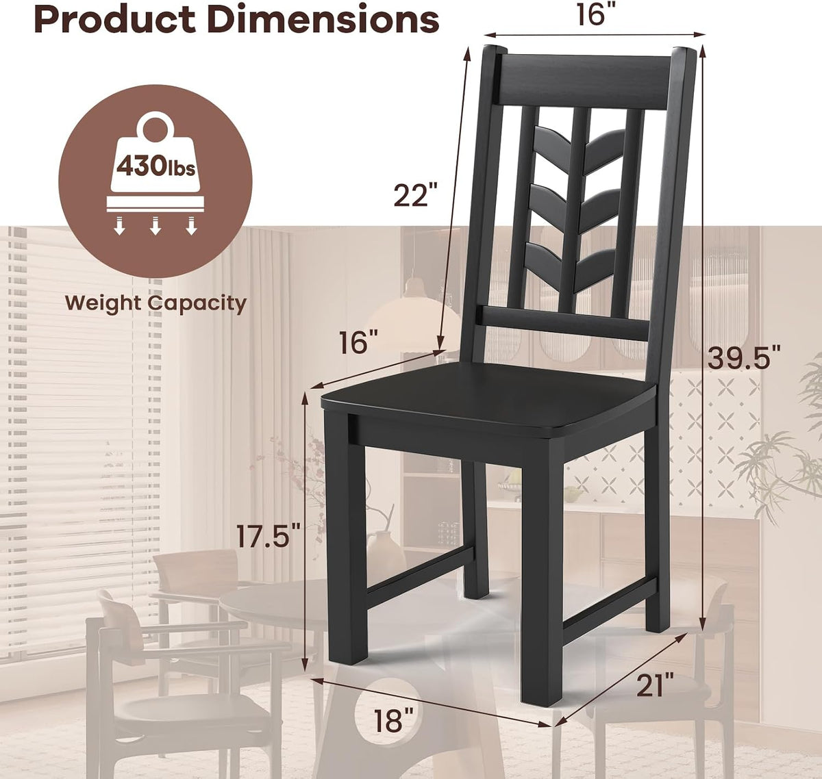 NAFORT Wood Dining Chairs Set of 6, Black Kitchen Chairs, Solid Rubber Wood Chair with Non-Slip Foot Pads, Max Load of 430 Lbs, Farmhouse Seat High Chevron Back Dining Room Chairs