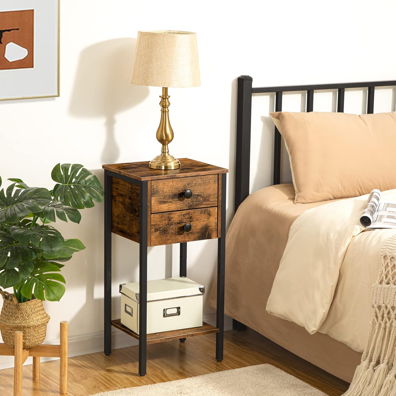 HOOBRO Tall Nightstand, End Table with 2 Drawers and Storage Shelf, Industrial Telephone Side Table for Study, Bedroom, Space Saving, Easy Assembly, Rustic Brown and Black BF72BZ01