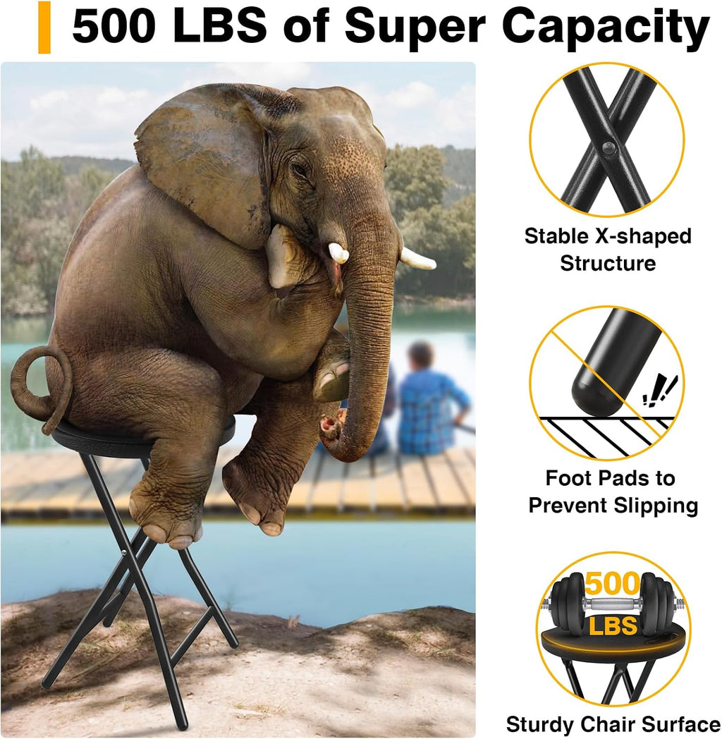 Portable Folding Chair with Handle, Heavy Duty Round Fold Stool Chair | 500lbs Capacity for Adults, 18 Inch Foldable Stool for Dorm, Kitchen, Vanity, Church and Outdoor use