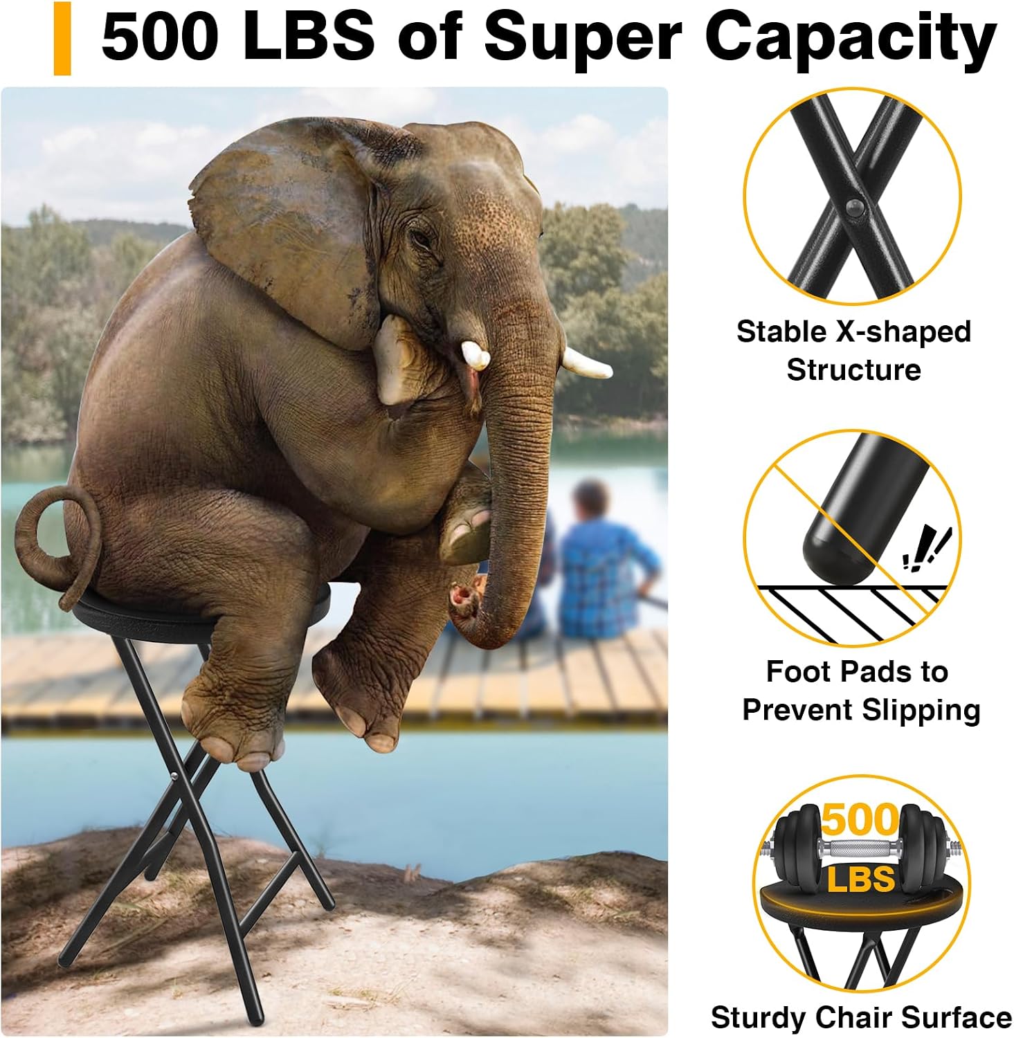Portable Folding Chair with Handle, Heavy Duty Round Fold Stool Chair | 500lbs Capacity for Adults, 18 Inch Foldable Stool for Dorm, Kitchen, Vanity, Church and Outdoor use