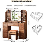 Arulvmrn 43” Wooden Makeup Vanity Set with Mirror and Lighted,Modern Vanity Desk with 9 Drawers,Storage Shelves, and Padded Seat, Dressing Table for Bedroom, Dorm, or Home Beauty Station,Brown