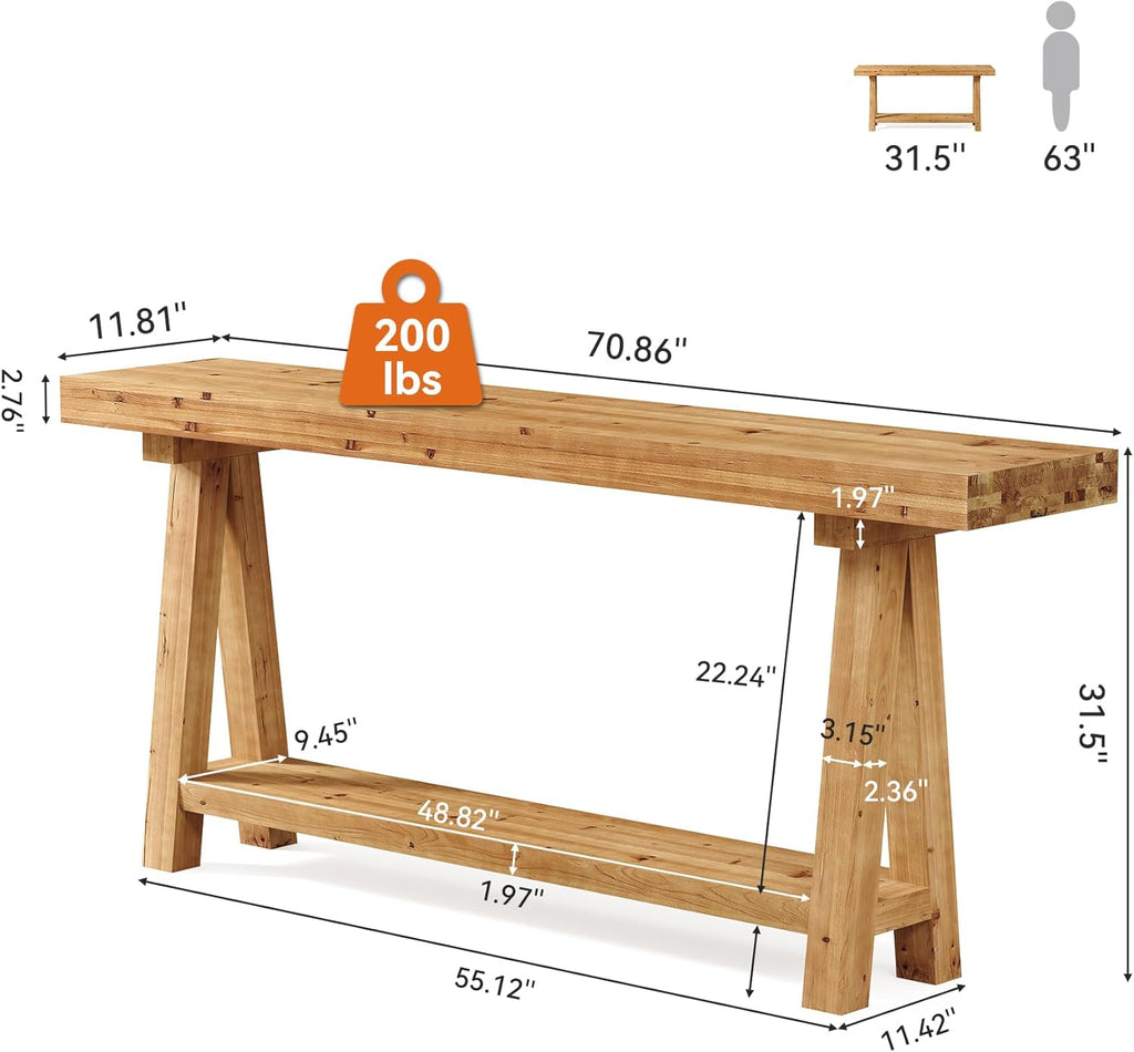 70.9-Inch Solid Wood Console Table for Entryway, Farmhouse Long Sofa Table with Shelves for Living Room, Hallway, Foyer, Easy Assembly