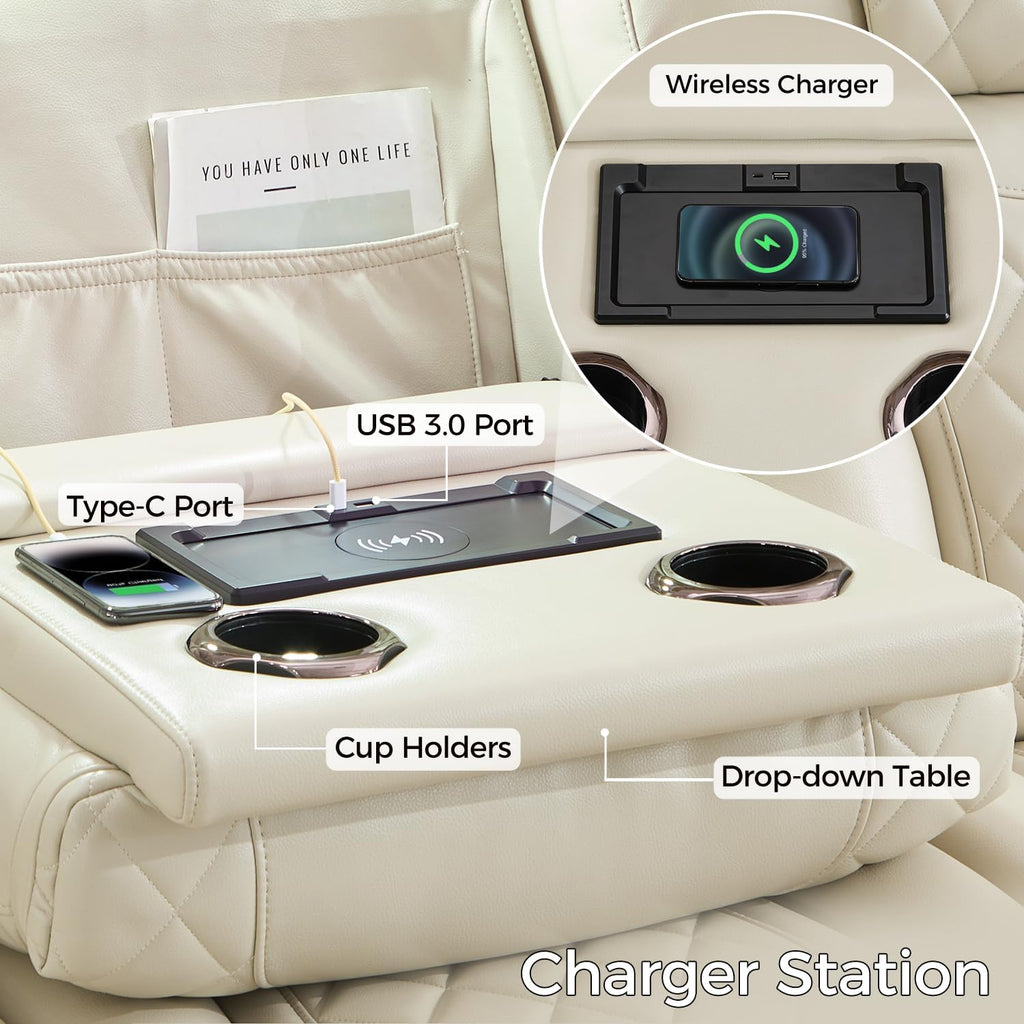 Power Recliner Sofa with Adjustable Headrest, Wireless Charger for Living Room, Electric Reclining Couch with LED Lights, Faux Leather 3 Seaters with Recliner,Home Theater Seating w/ LED Lights,Beige