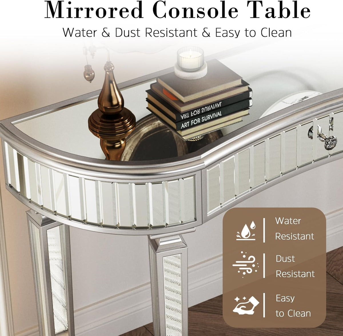 Half-Moon Mirrored Sofa Table with Storage, Semi Circle Entryway Console Table with Fluted Glass & Crystal Knob Drawer,Modern Sofa Table Behind Couch for Living/Dressing Room,Hallway Foyer, Silver