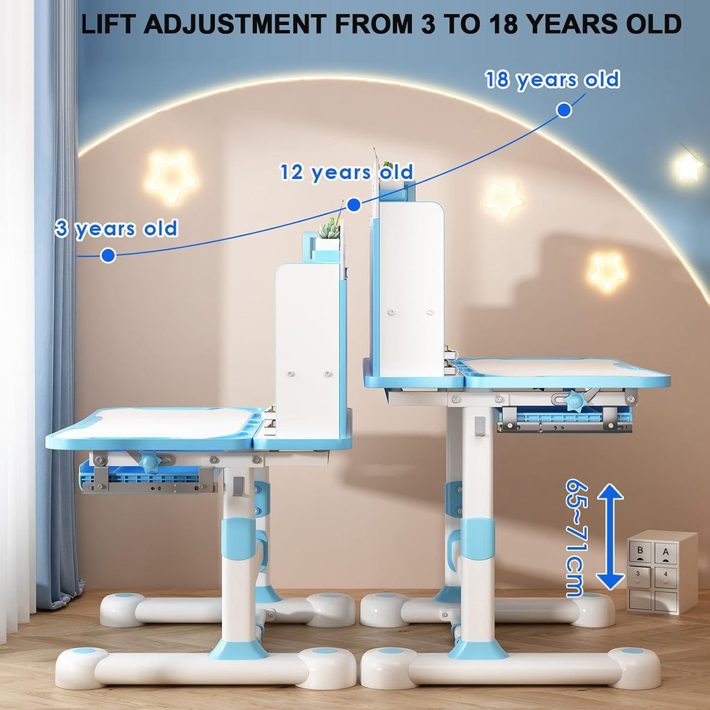 Kids Desk and Chair Set, 46" Study Desk with Bookstand & Storage | Adjustable Height Ergonomic Student Desk with Posture Corrector, Footrest for Children's Room (Pink, Blue) (Blue)