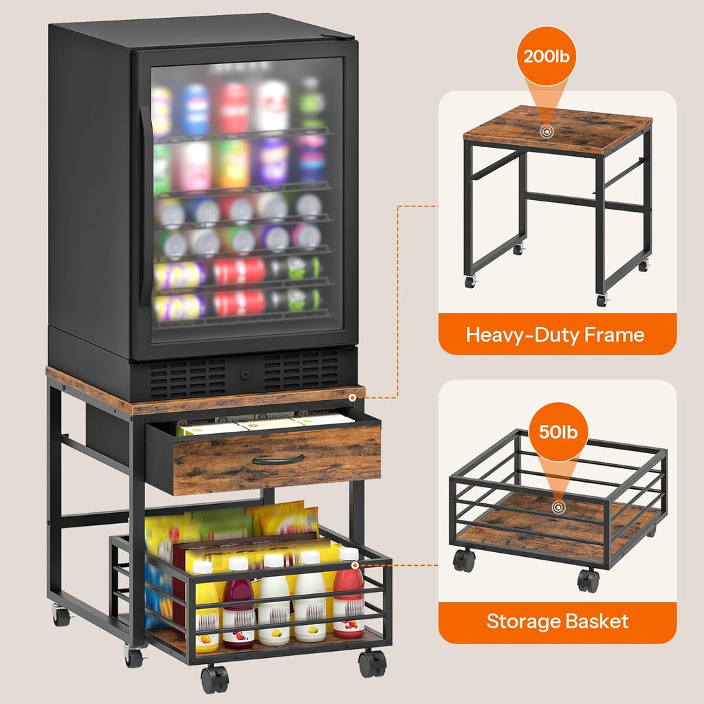 HOOBRO Mini Fridge Stand with Storage, 19.7 Inch End Table, Mini Fridge Cabinet with Mobile Basket Cart, for Living Room, Bedroom, Rustic Brown and Black BF655BX01