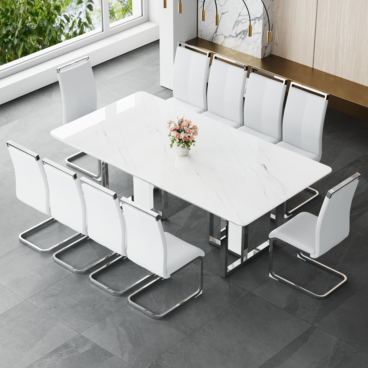 JUFU 11 Piece Dining Table Set for 10, 79 Inch Faux Marble Dining Room Table Set with 10 PU Leather Chairs, Modern Rectangular Kitchen Table and Chairs Set for Large Dining Room, Kitchen