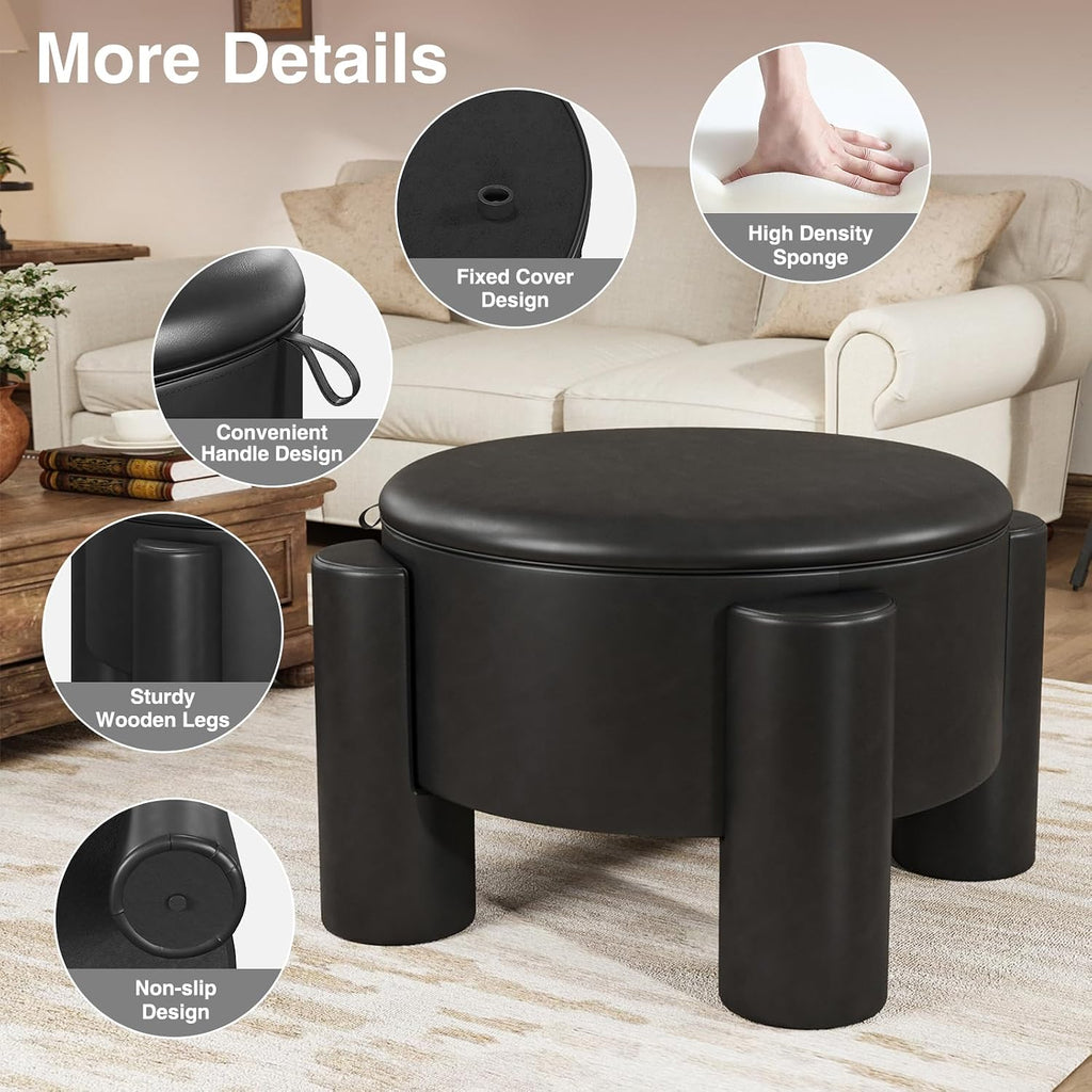 FiveWillowise Round Ottoman Coffee Table with Storage,24" Faux Leather Storage Ottomans with Removable Top,Upholstered Vanity Stool Footrest for Small Spaces,Living Room,Apartment,Black