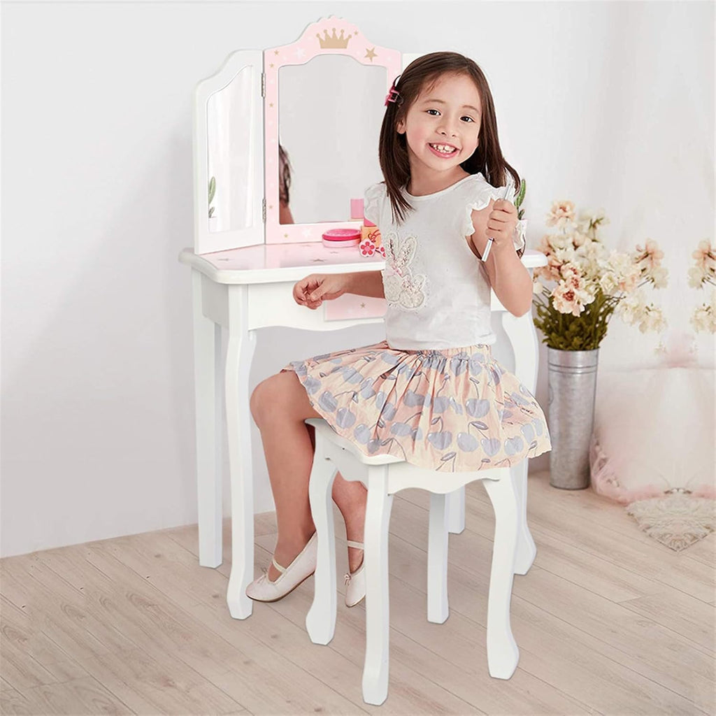 NC Pink Kids Vanity Set Wood Makeup Table and Chair Set for Little Girls Princess Child Vanity Desk Tri-Fold Mirror Dressing Table with Drawer (Pink Star Style)
