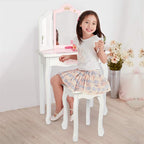 NC Pink Kids Vanity Set Wood Makeup Table and Chair Set for Little Girls Princess Child Vanity Desk Tri-Fold Mirror Dressing Table with Drawer (Pink Star Style)