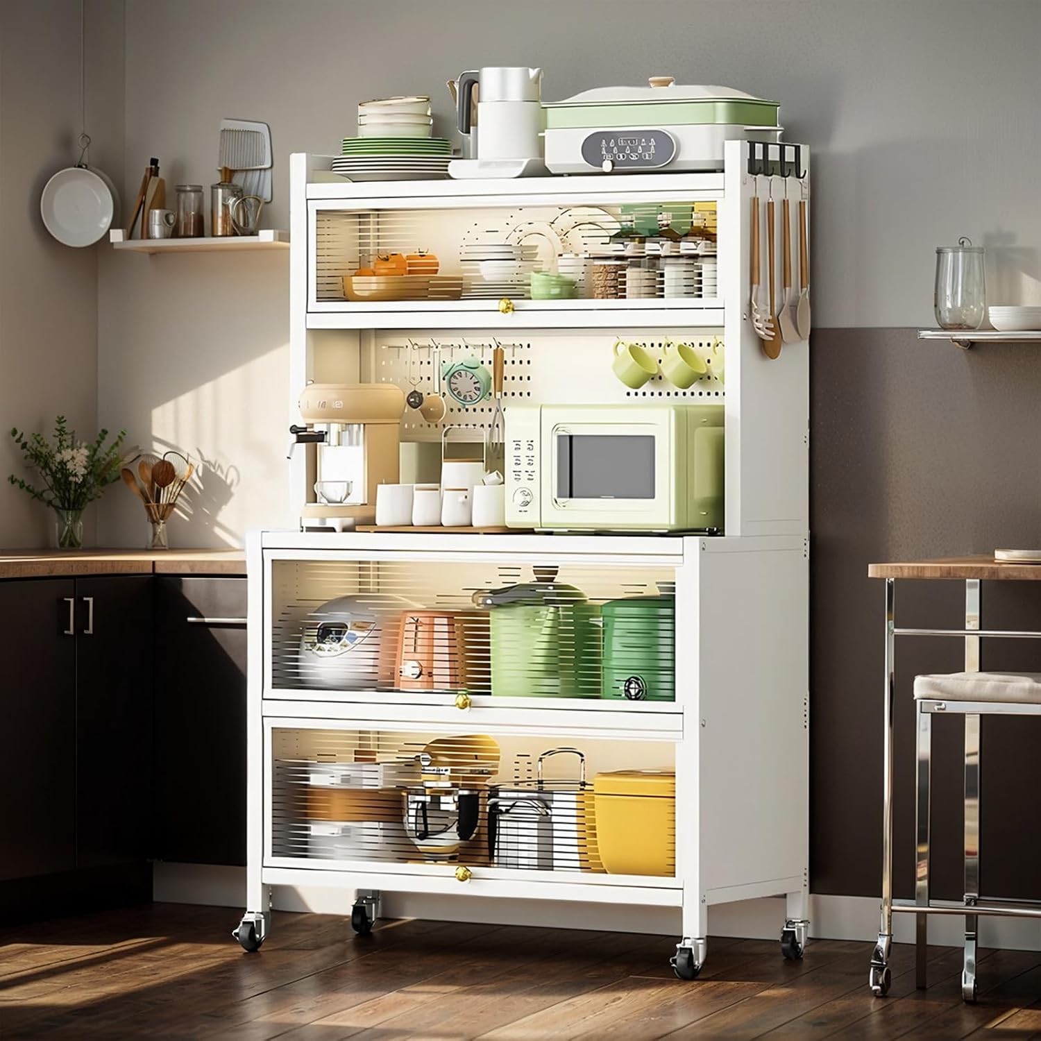 Kitchen Pantry Storage Cabinet with Shelf, Multi-Layer Metal Pantry Cabinet on Wheels, Modern Sideboard for Dining Room, Living Room