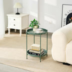 2-Tier Round End Side Table, Small Metal Side Table with Removable Tray, Folding Accent Tables for Living Room, Balcony, Nightstand for Bedroom, Outdoor Tables for Patio, Sage Green